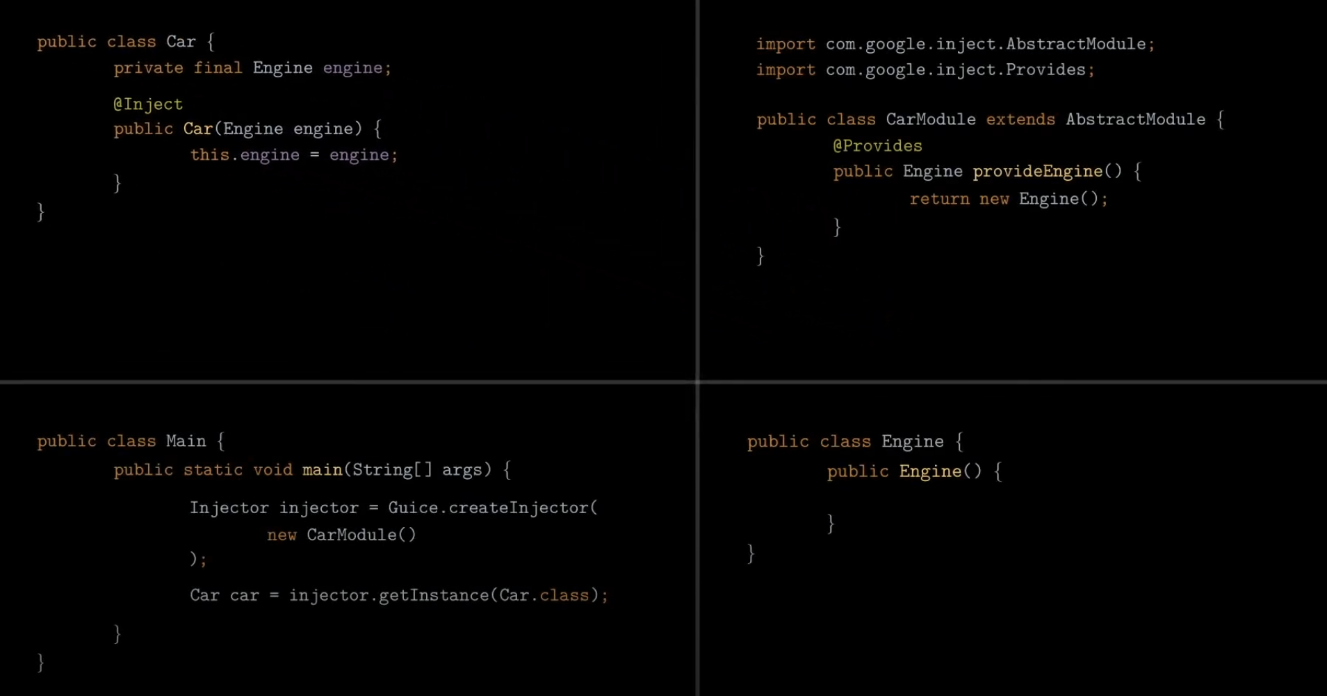After DI — Engine is injected into Car via abstraction, decoupling the two